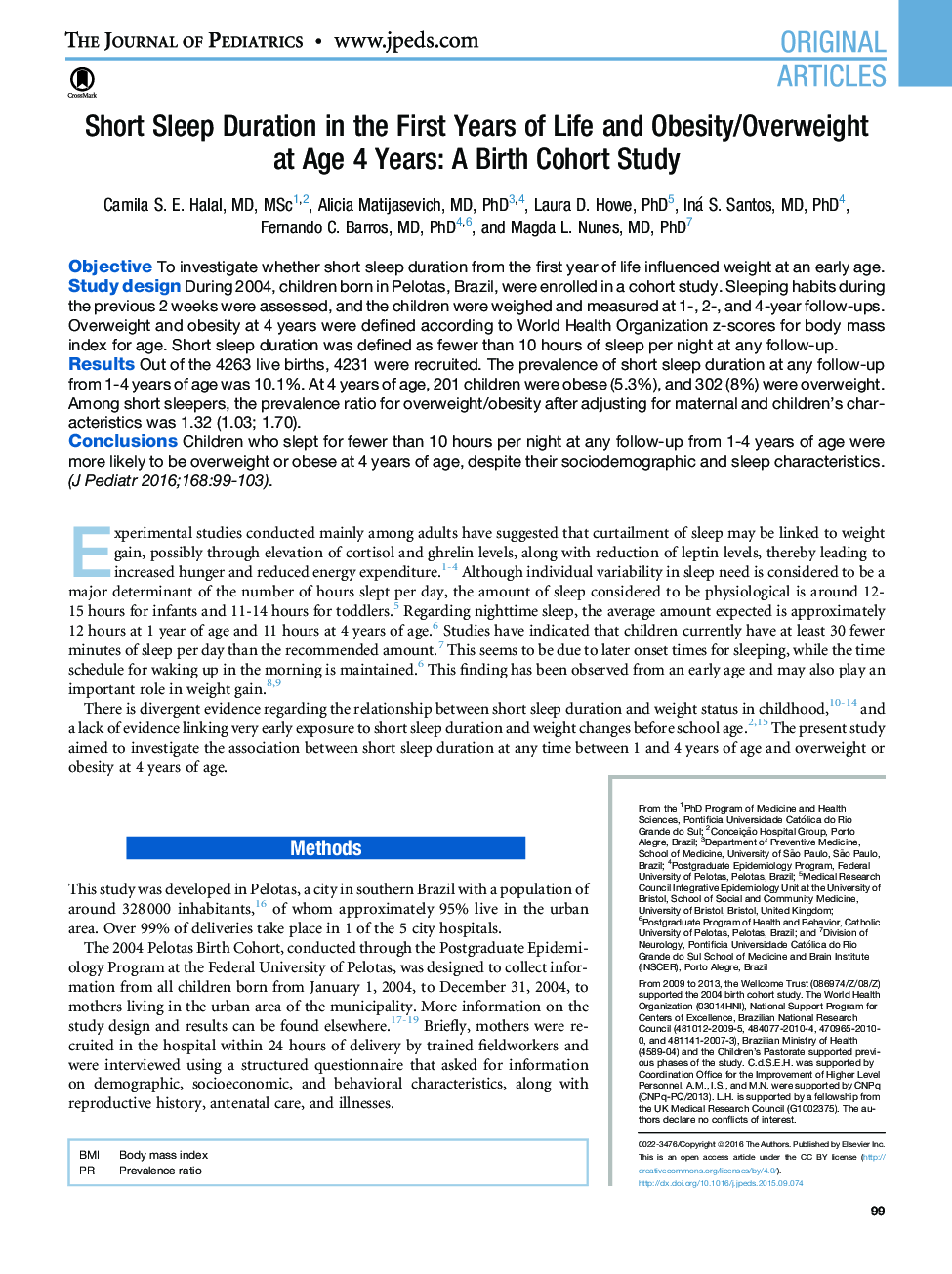 Short Sleep Duration in the First Years of Life and Obesity/Overweight atÂ Age 4 Years: A Birth Cohort Study