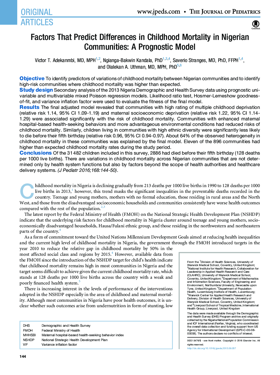 Factors That Predict Differences in Childhood Mortality in Nigerian Communities: A Prognostic Model