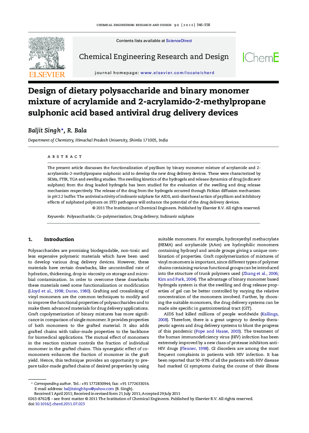 Design of dietary polysaccharide and binary monomer mixture of acrylamide and 2-acrylamido-2-methylpropane sulphonic acid based antiviral drug delivery devices