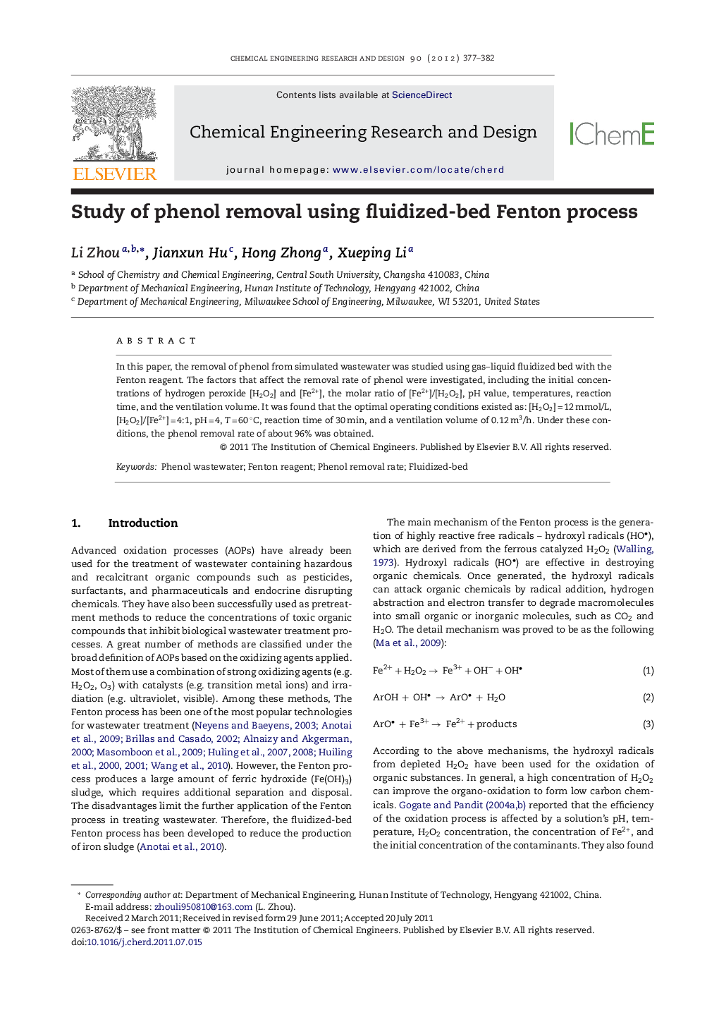 Study of phenol removal using fluidized-bed Fenton process