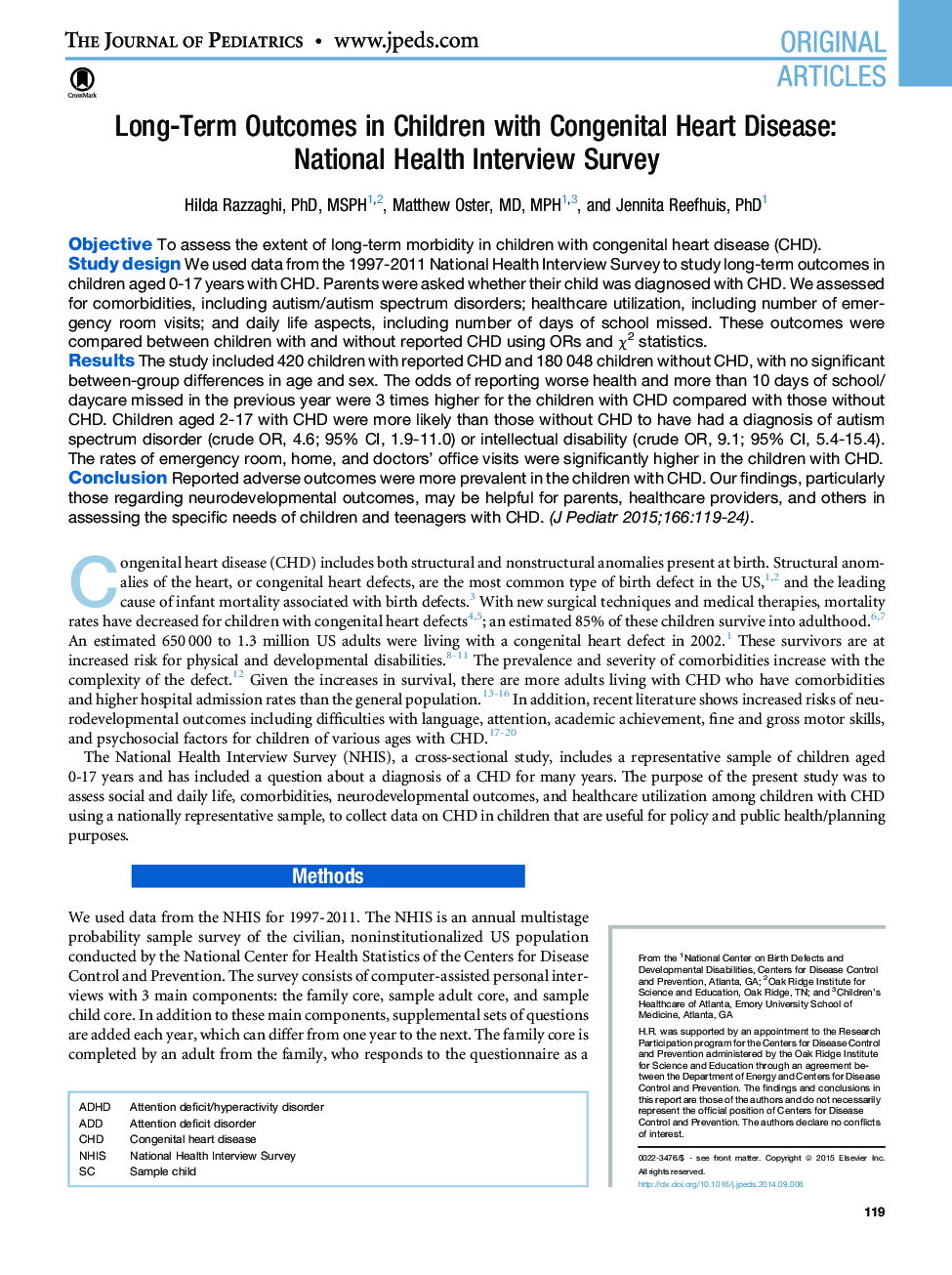 Long-Term Outcomes in Children with Congenital Heart Disease: National Health Interview Survey