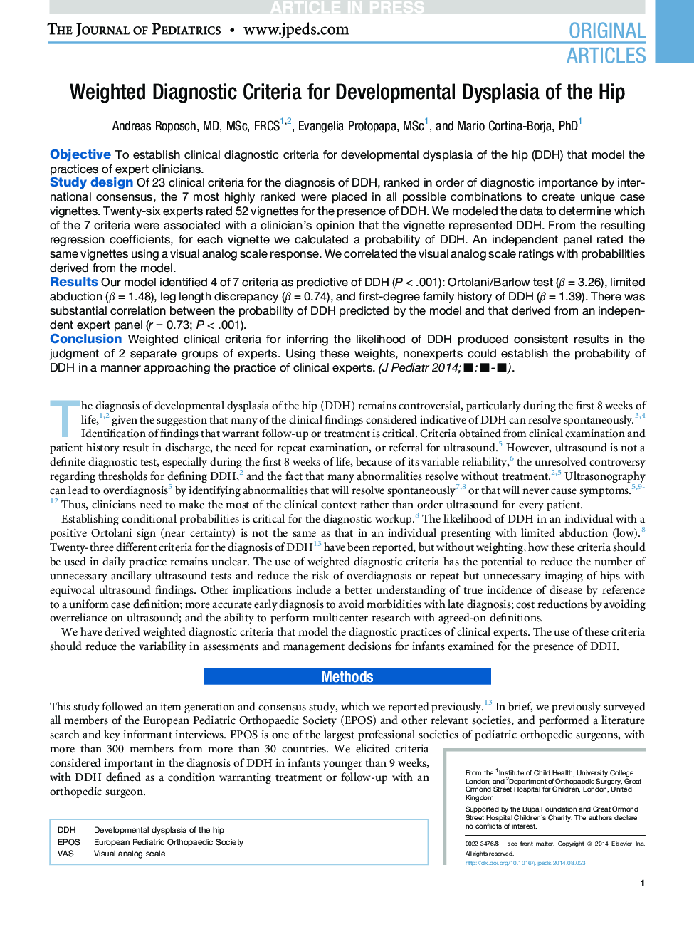 Weighted Diagnostic Criteria for Developmental Dysplasia of the Hip