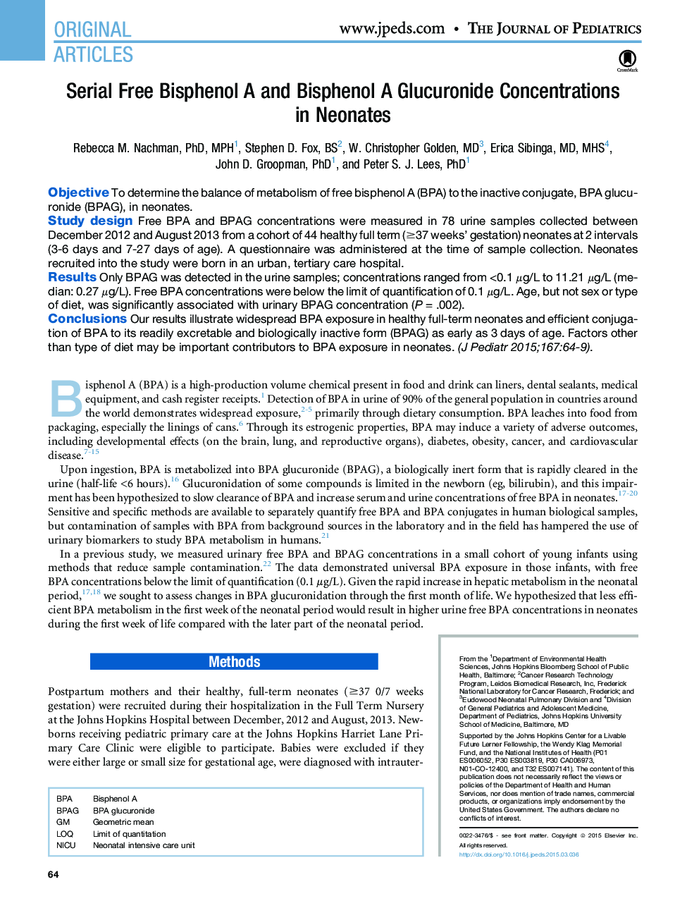 Serial Free Bisphenol A and Bisphenol A Glucuronide Concentrations inÂ Neonates