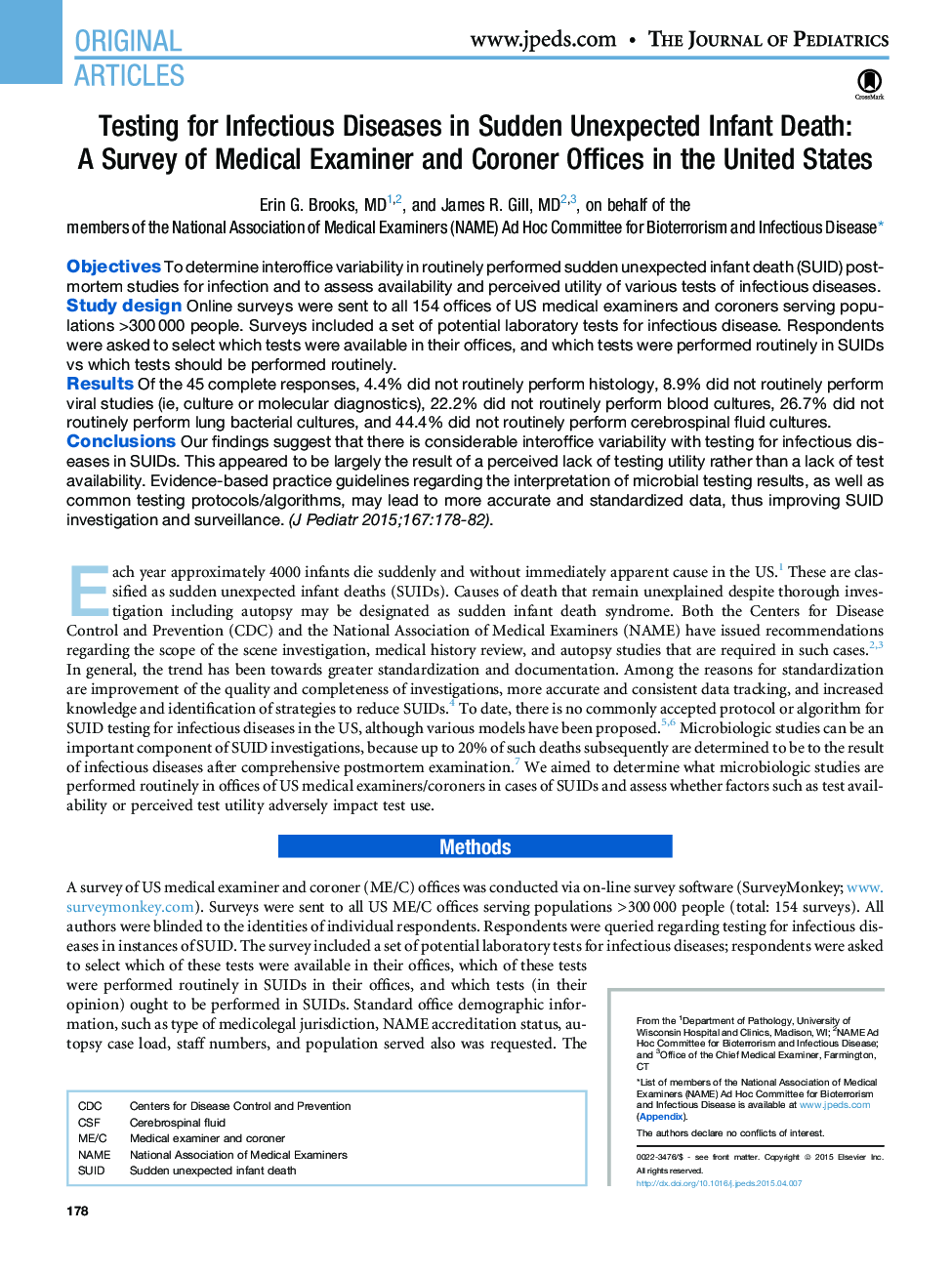 Testing for Infectious Diseases in Sudden Unexpected Infant Death: A Survey of Medical Examiner and Coroner Offices in the United States