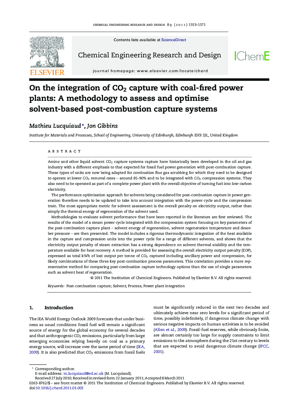 On the integration of CO2 capture with coal-fired power plants: A methodology to assess and optimise solvent-based post-combustion capture systems