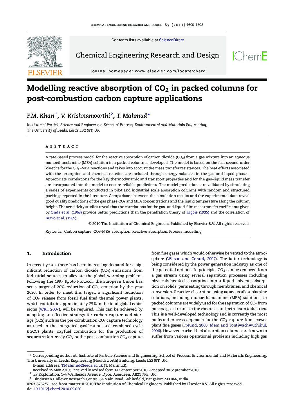 Modelling reactive absorption of CO2 in packed columns for post-combustion carbon capture applications