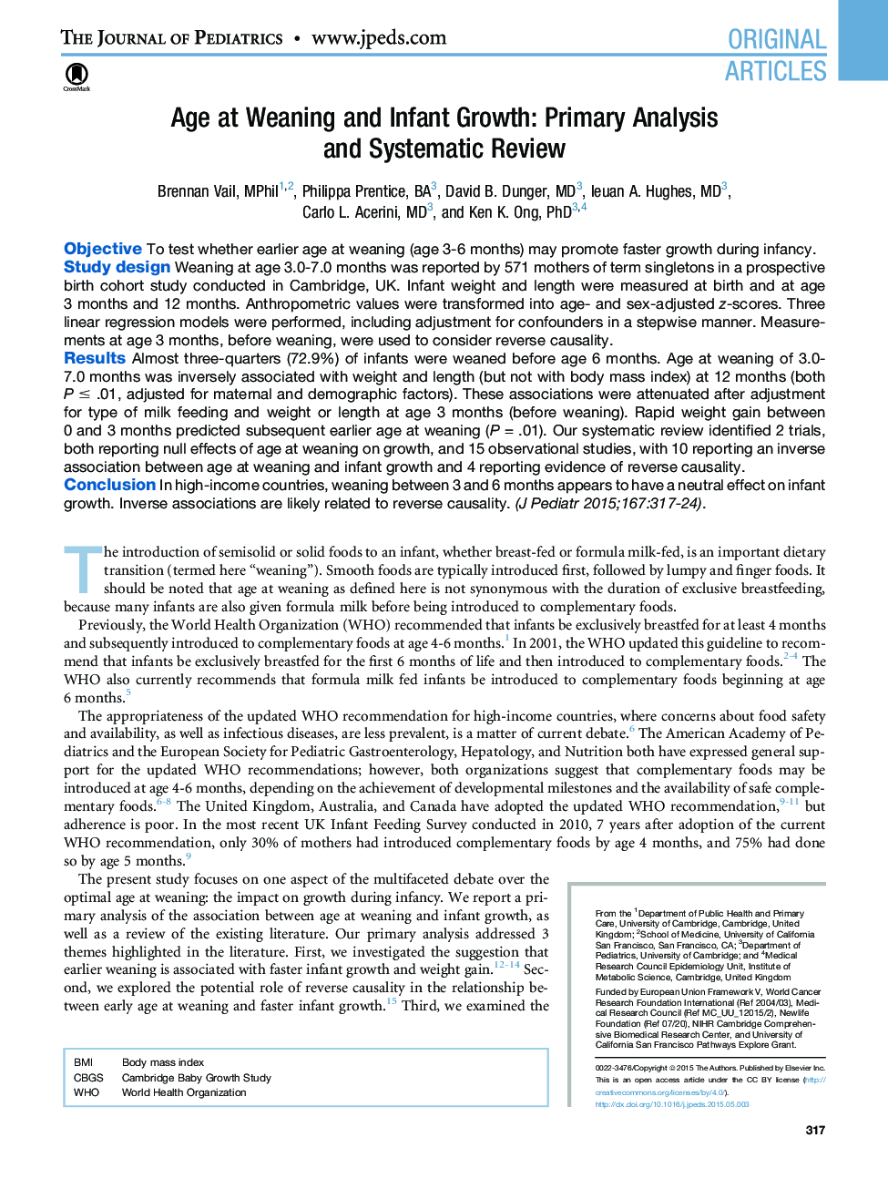 Age at Weaning and Infant Growth: Primary Analysis and Systematic Review