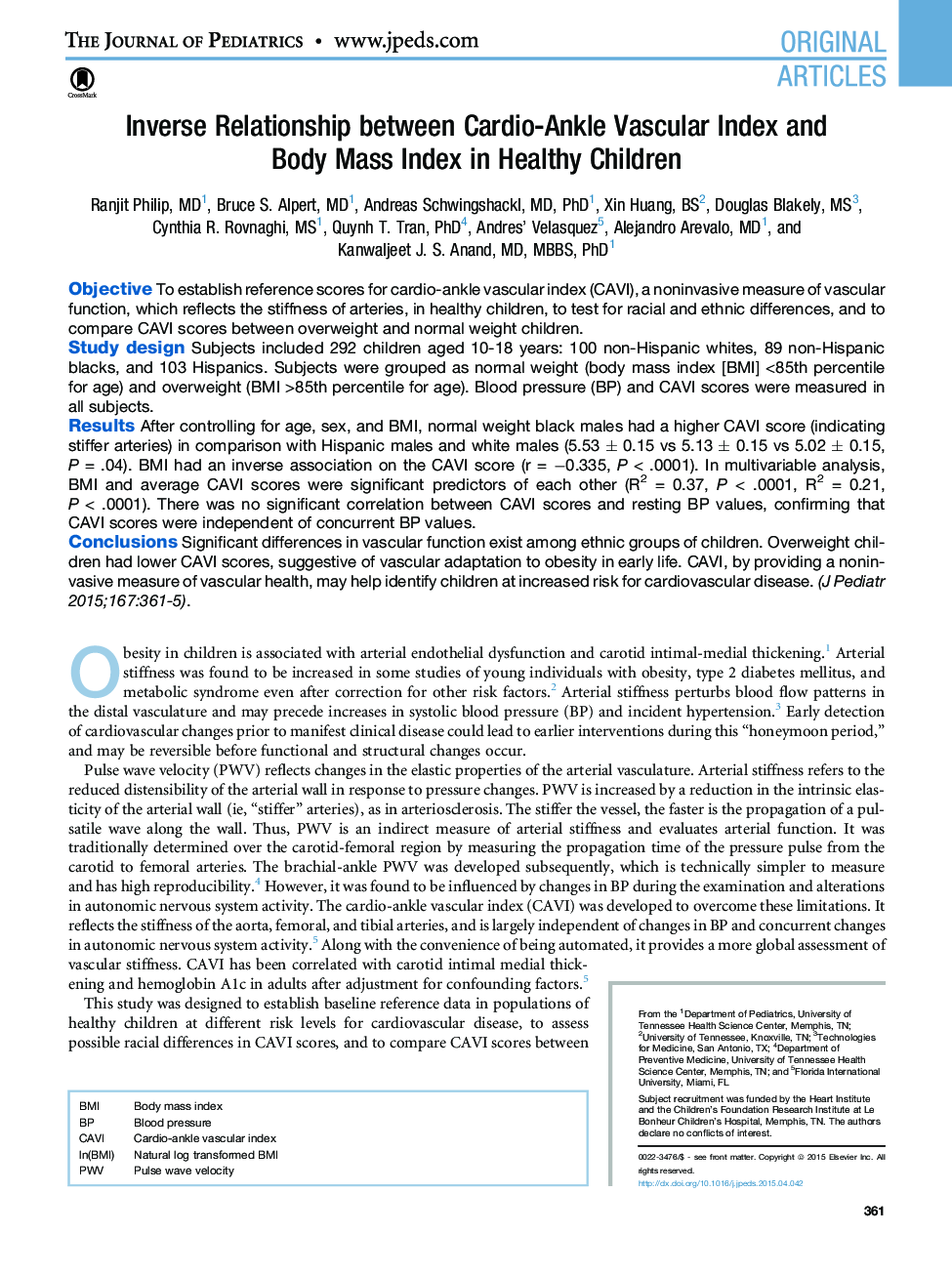 Inverse Relationship between Cardio-Ankle Vascular Index and BodyÂ MassÂ Index in Healthy Children