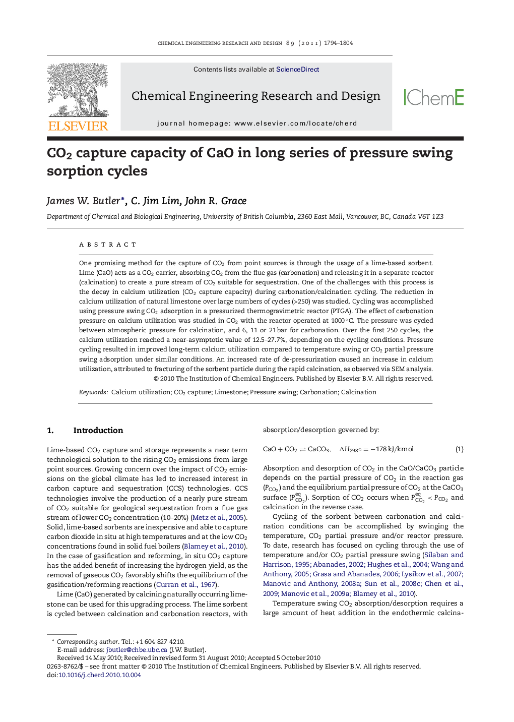 CO2 capture capacity of CaO in long series of pressure swing sorption cycles