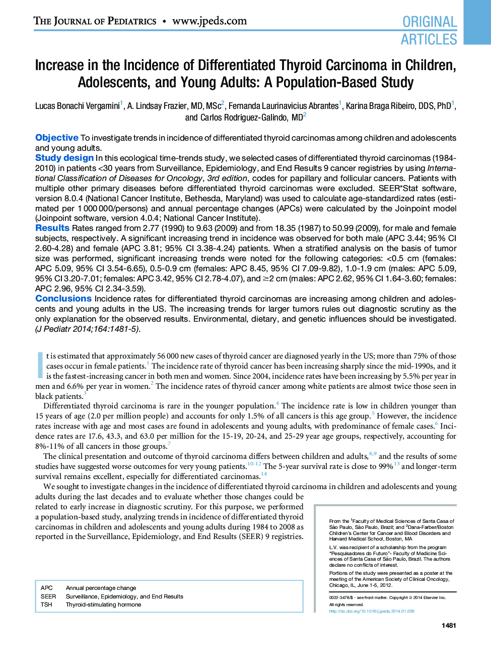 Increase in the Incidence of Differentiated Thyroid Carcinoma in Children, Adolescents, and Young Adults: A Population-Based Study