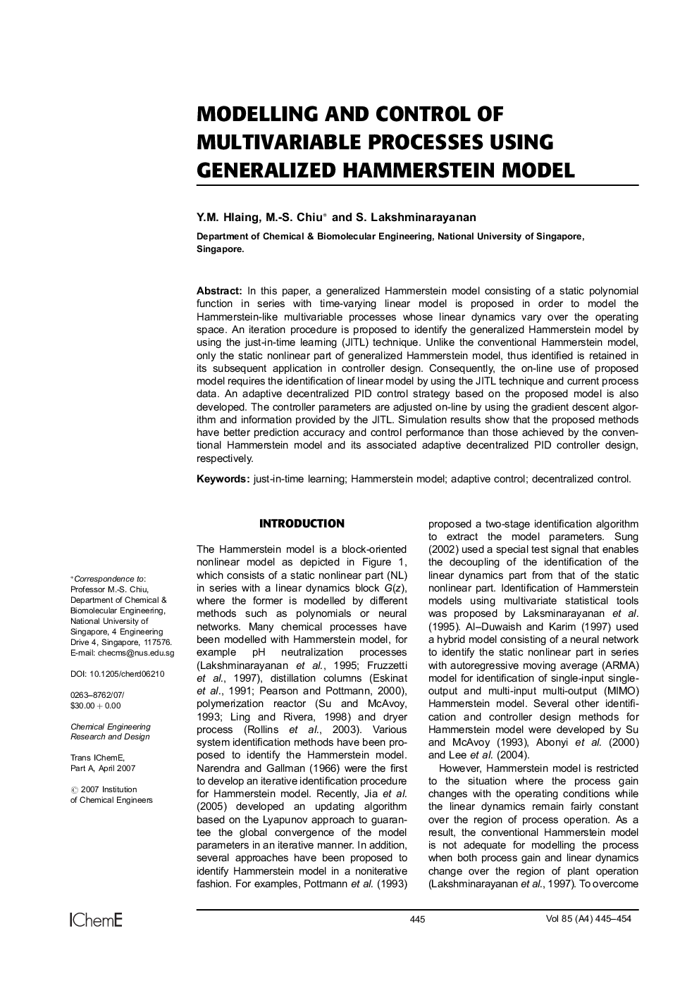 Modelling and Control of Multivariable Processes Using Generalized Hammerstein Model