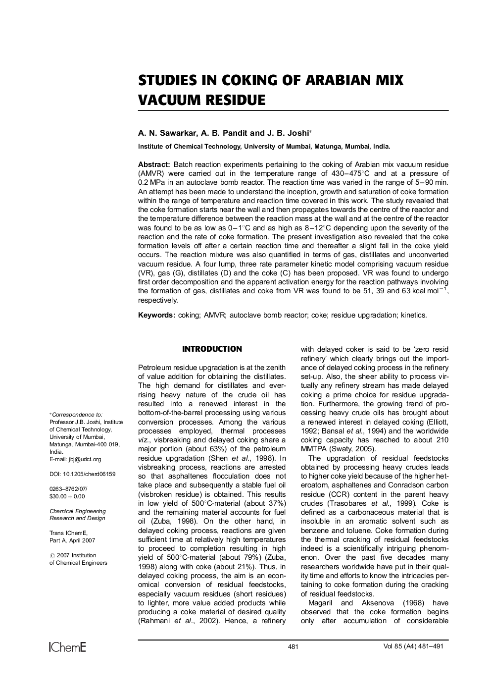 Studies in Coking of Arabian Mix Vacuum Residue