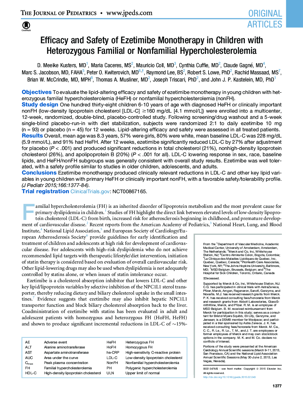 Efficacy and Safety of Ezetimibe Monotherapy in Children with Heterozygous Familial or Nonfamilial Hypercholesterolemia