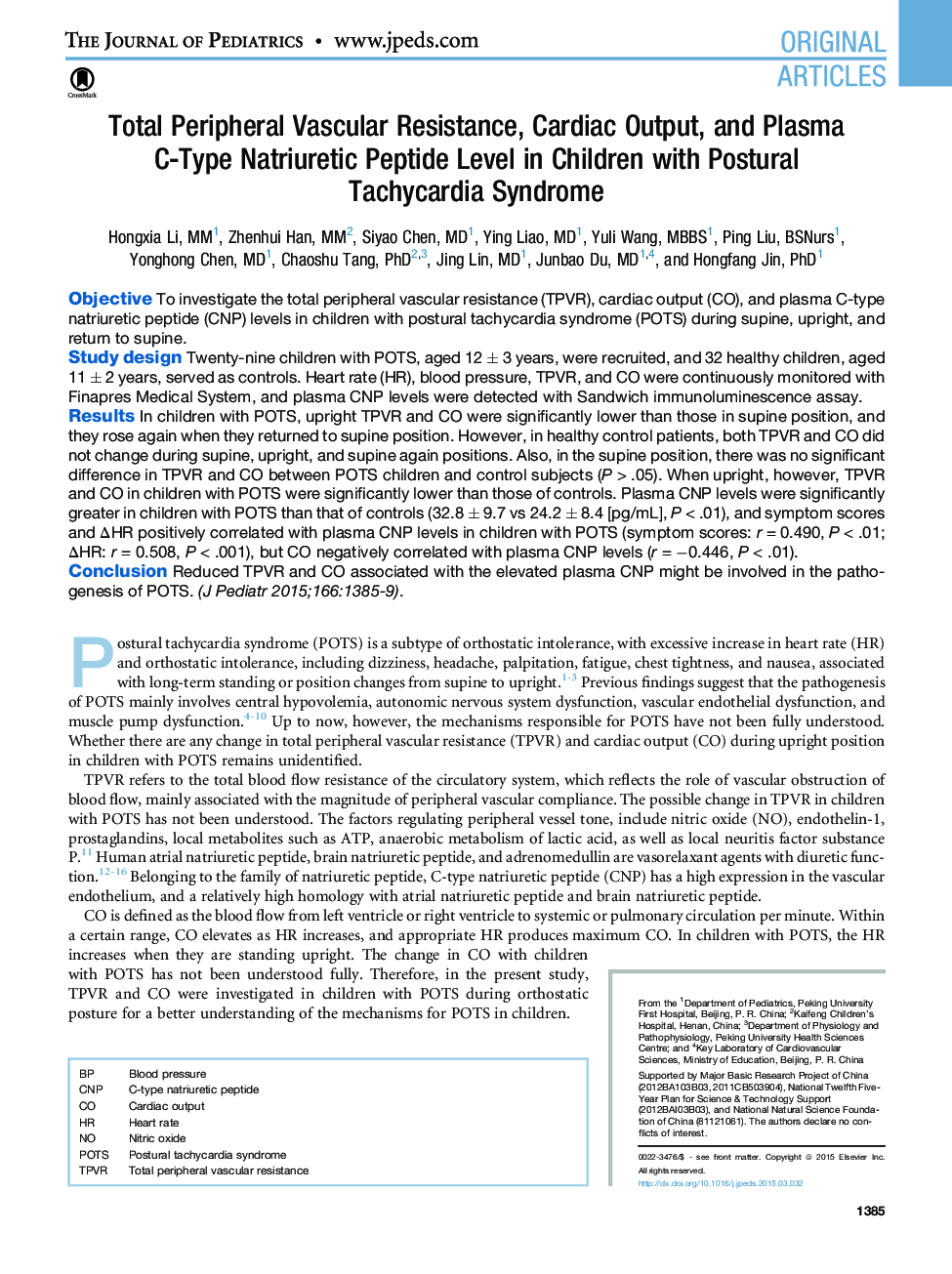 Total Peripheral Vascular Resistance, Cardiac Output, and Plasma C-TypeÂ Natriuretic Peptide Level in Children with Postural TachycardiaÂ Syndrome