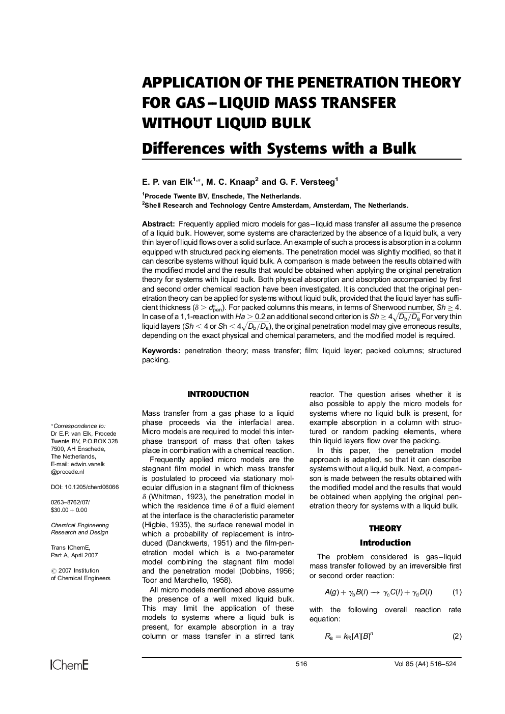 Application of the Penetration Theory for Gas–Liquid Mass Transfer Without Liquid Bulk: Differences with Systems with a Bulk
