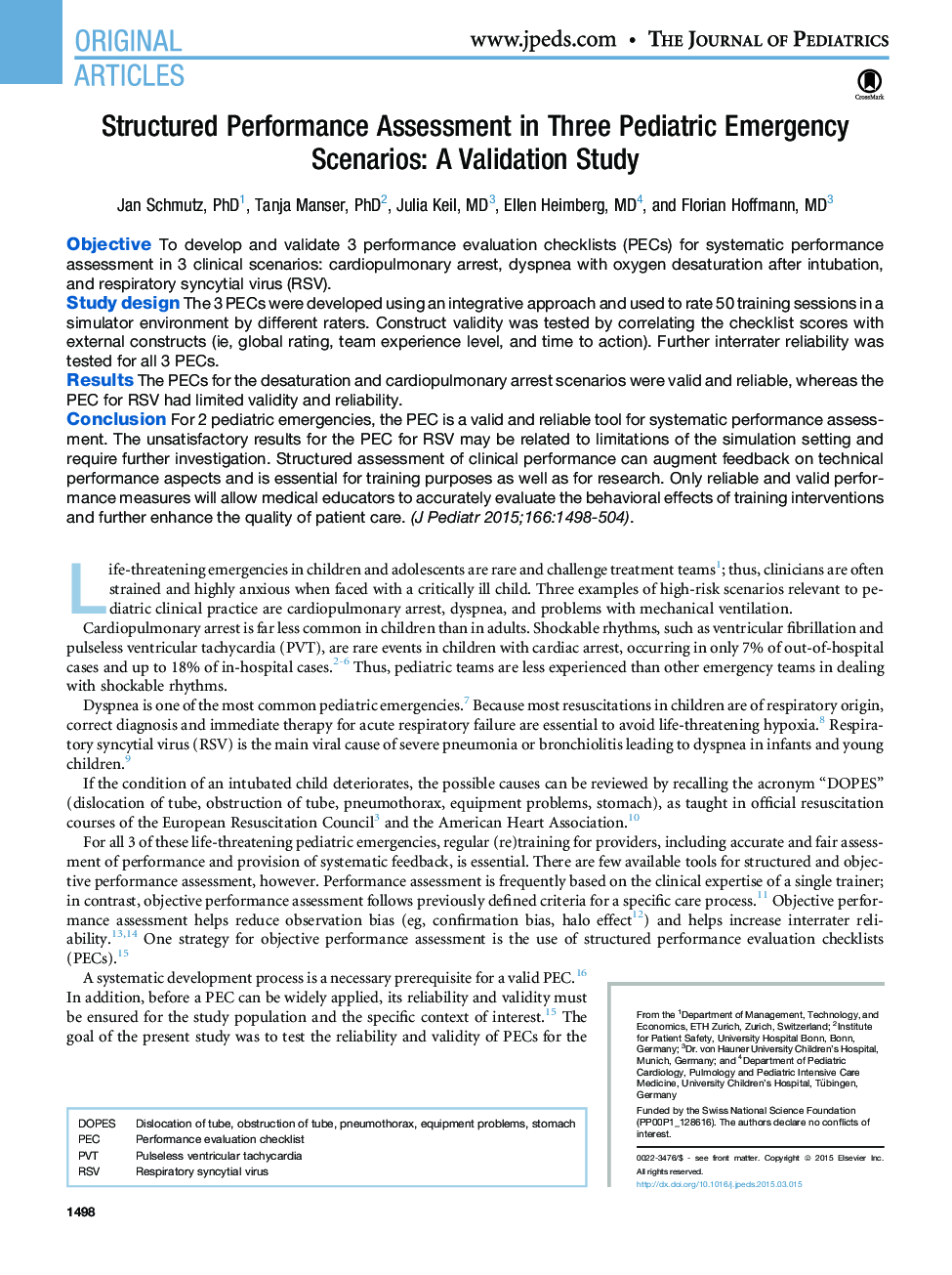 Structured Performance Assessment in Three Pediatric Emergency Scenarios: A Validation Study 