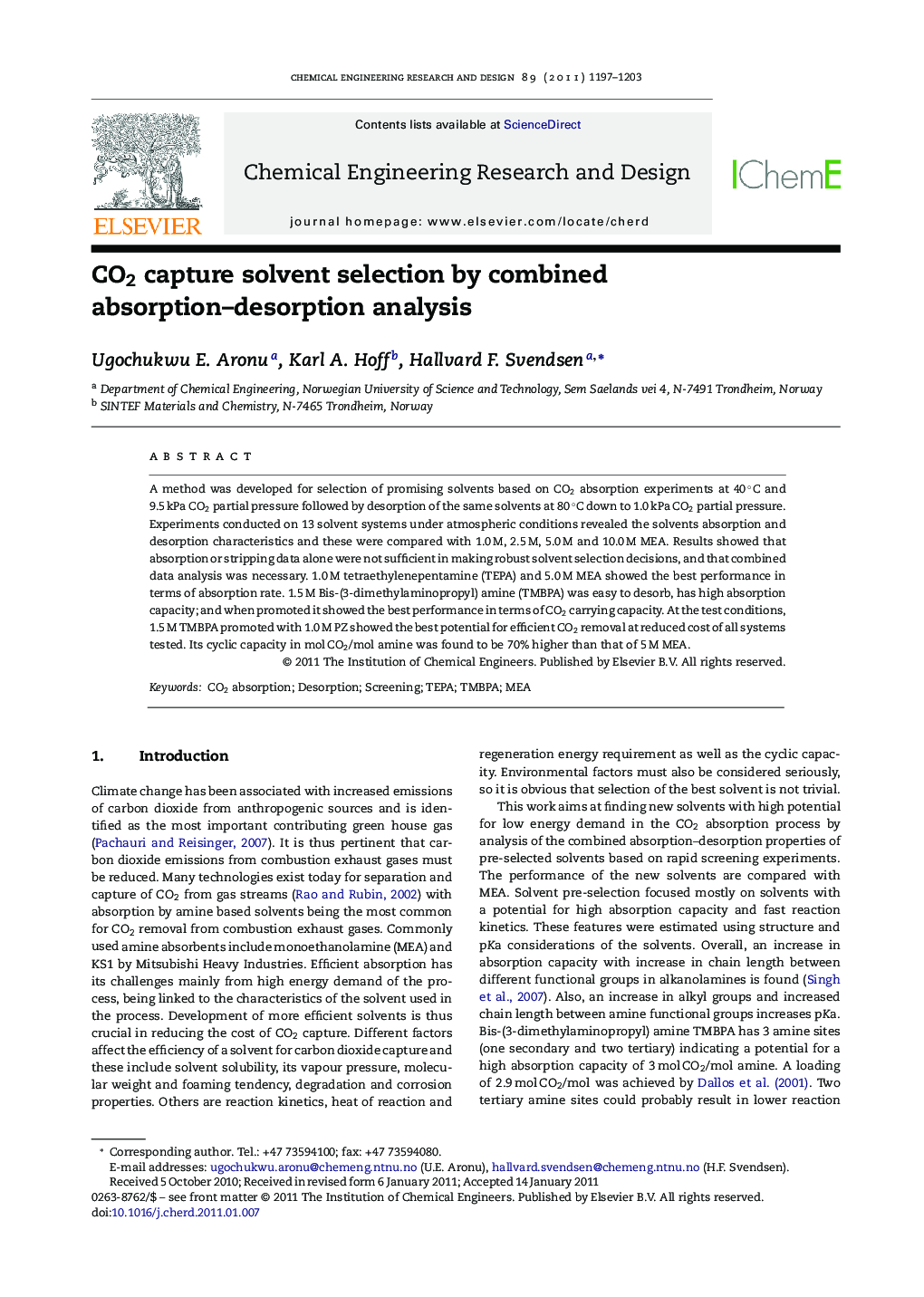 CO2 capture solvent selection by combined absorption–desorption analysis