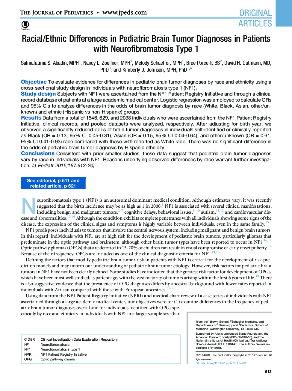 تفاوت های اصلی مقاله / نژادی در تشخیص تومور مغزی کودکان در بیماران مبتلا به نوروفیبروماتوز نوع 1 