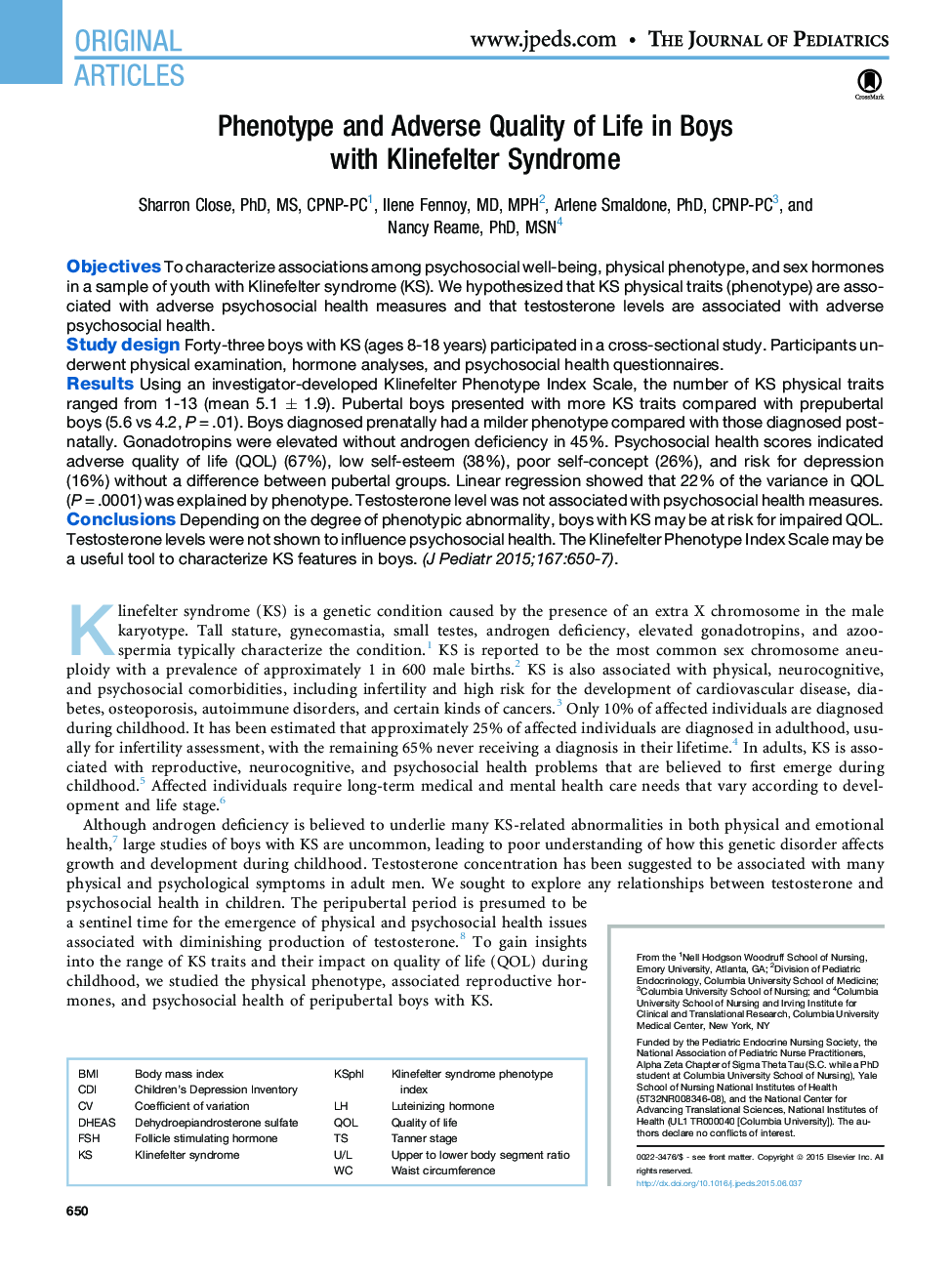 Phenotype and Adverse Quality of Life in Boys withÂ KlinefelterÂ Syndrome