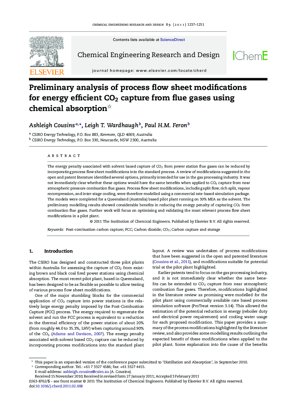عکس صفحه اول مقاله: Preliminary analysis of process flow sheet modifications for energy efficient CO2 capture from flue gases using chemical absorption Preliminary analysis of process flow sheet modifications for energy efficient CO2 capture from flue gases using chemical absorption