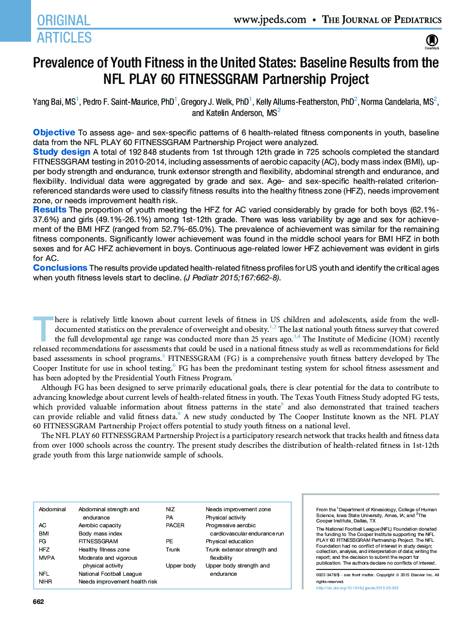 Prevalence of Youth Fitness in the United States: Baseline Results from the NFL PLAY 60 FITNESSGRAM Partnership Project