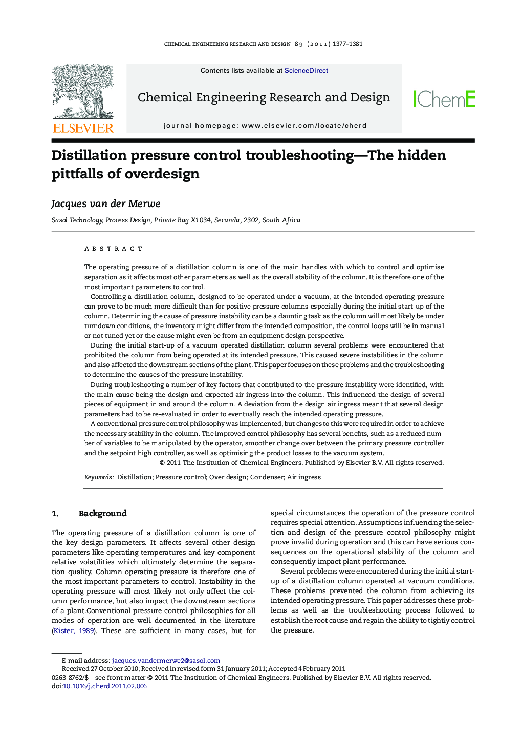 Distillation pressure control troubleshooting—The hidden pittfalls of overdesign