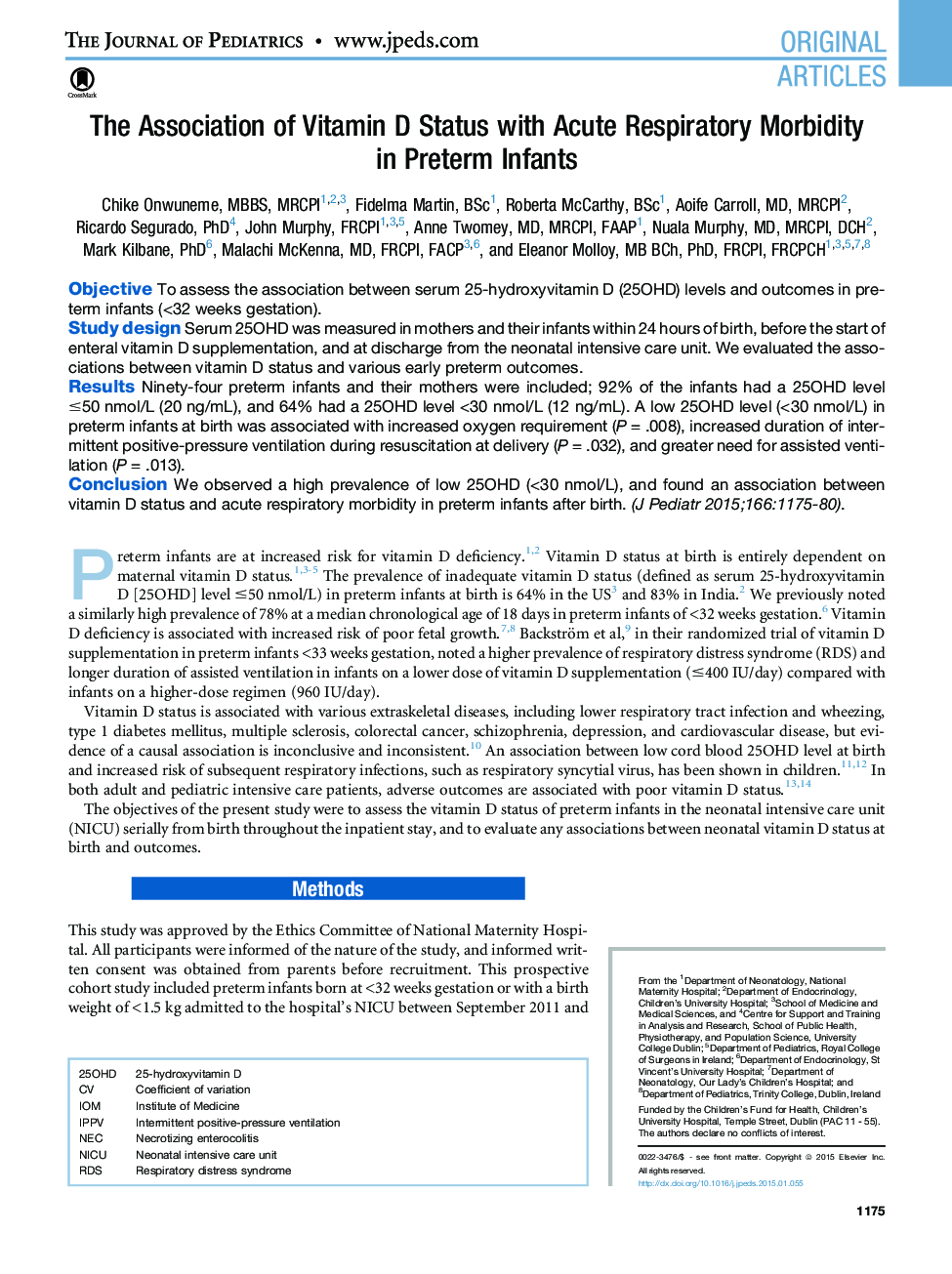 The Association of Vitamin D Status with Acute Respiratory Morbidity inÂ Preterm Infants