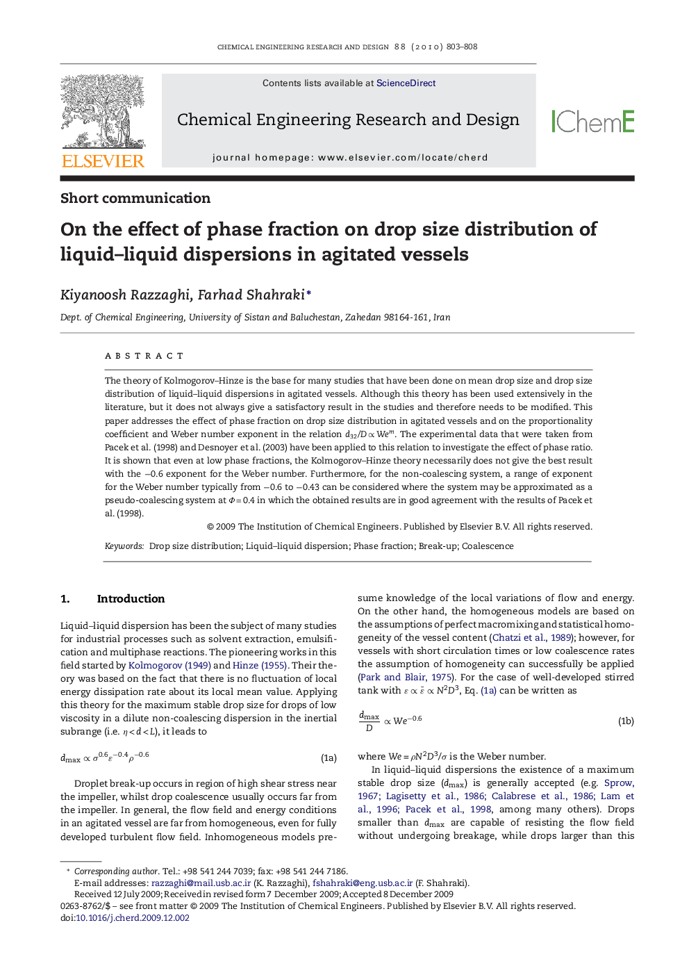 On the effect of phase fraction on drop size distribution of liquid–liquid dispersions in agitated vessels