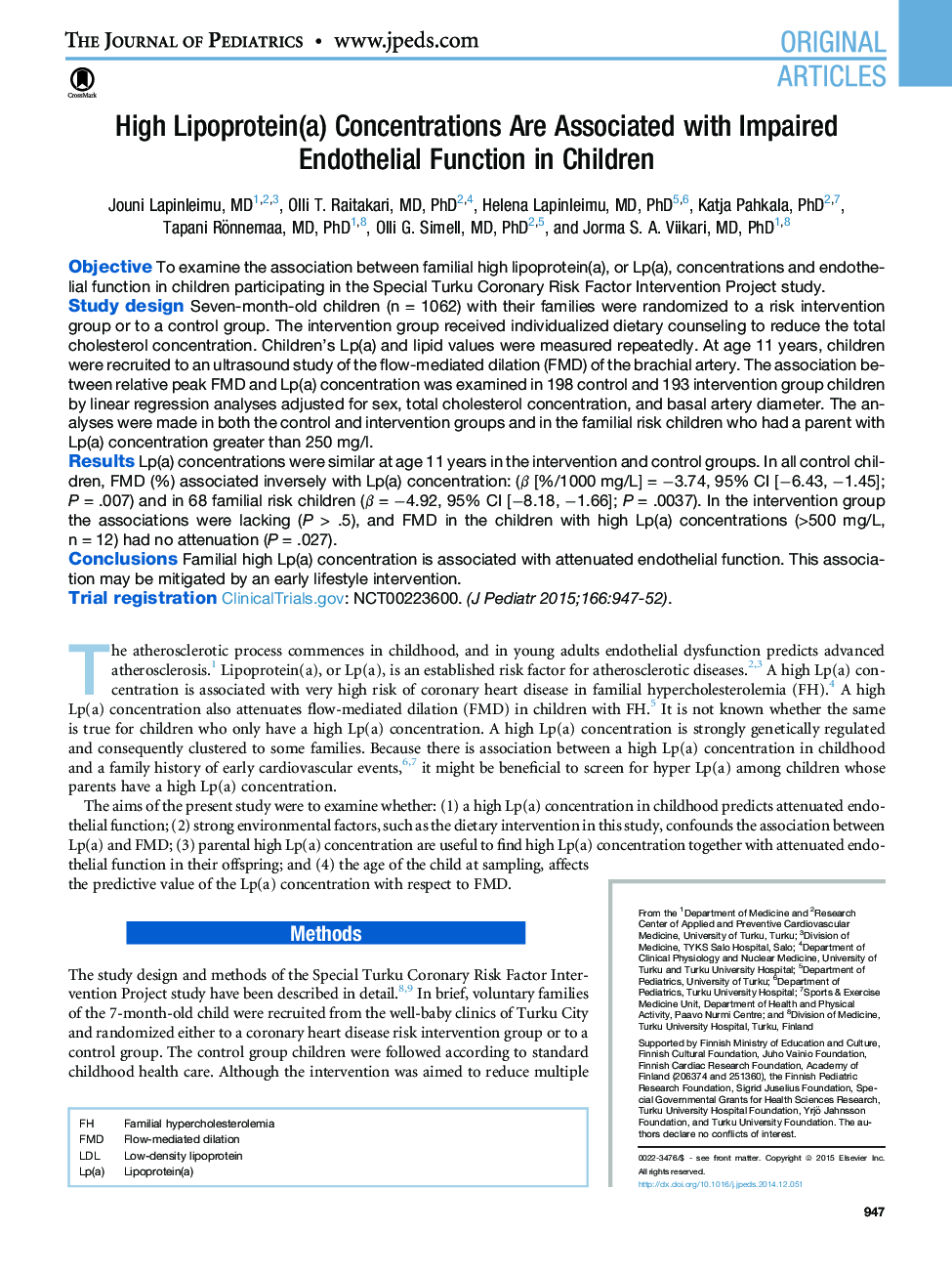 High Lipoprotein(a) Concentrations Are Associated with Impaired Endothelial Function in Children