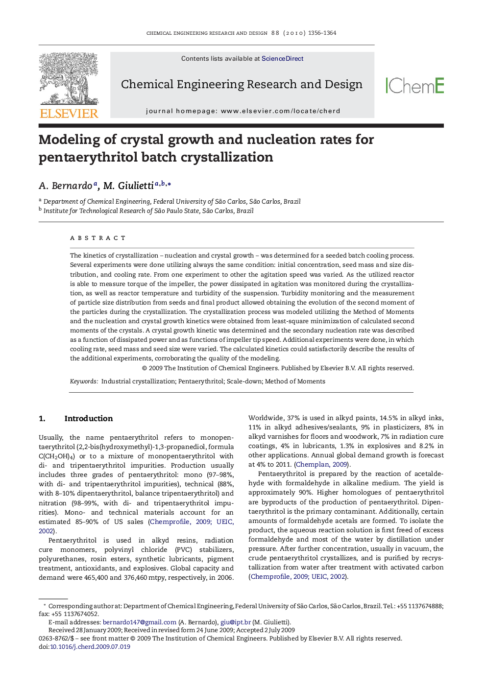 Modeling of crystal growth and nucleation rates for pentaerythritol batch crystallization