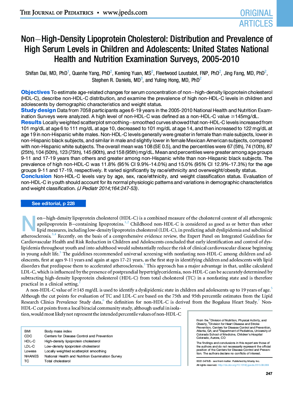 NonâHigh-Density Lipoprotein Cholesterol: Distribution and Prevalence of High Serum Levels in Children and Adolescents: United States National Health and Nutrition Examination Surveys, 2005-2010