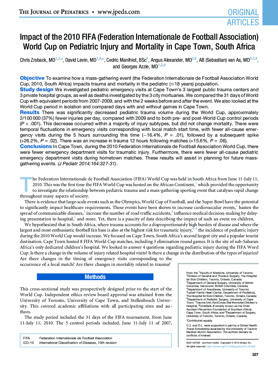 Impact of the 2010 FIFA (Federation Internationale de Football Association) World Cup on Pediatric Injury and Mortality in Cape Town, South Africa