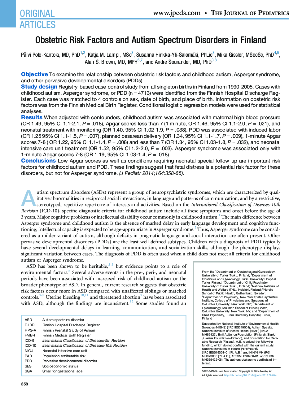 Obstetric Risk Factors and Autism Spectrum Disorders in Finland