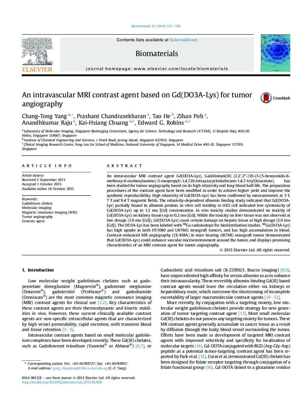 An intravascular MRI contrast agent based on Gd(DO3A-Lys) for tumor angiography