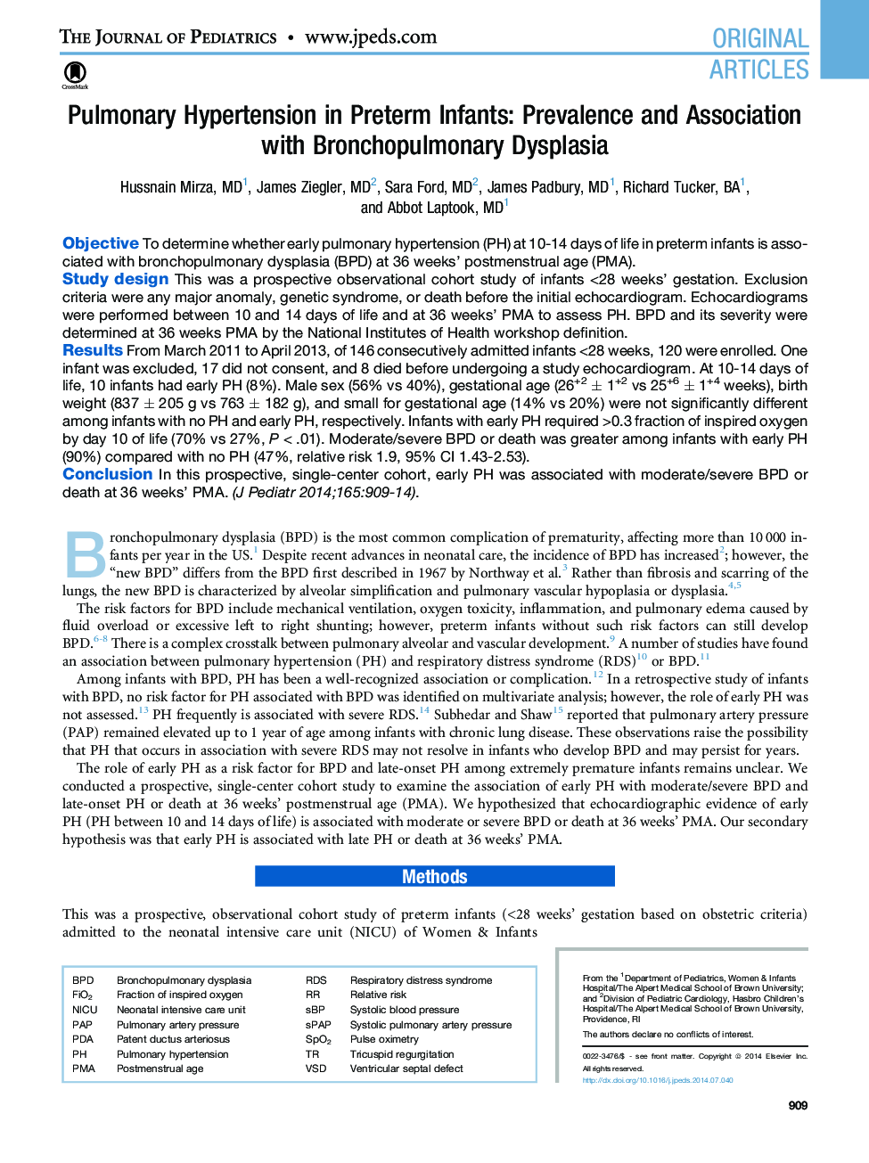 Pulmonary Hypertension in Preterm Infants: Prevalence and Association with Bronchopulmonary Dysplasia