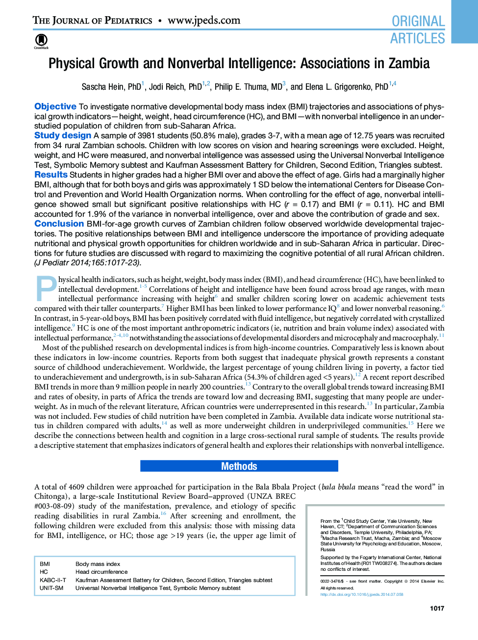 Physical Growth and Nonverbal Intelligence: Associations in Zambia