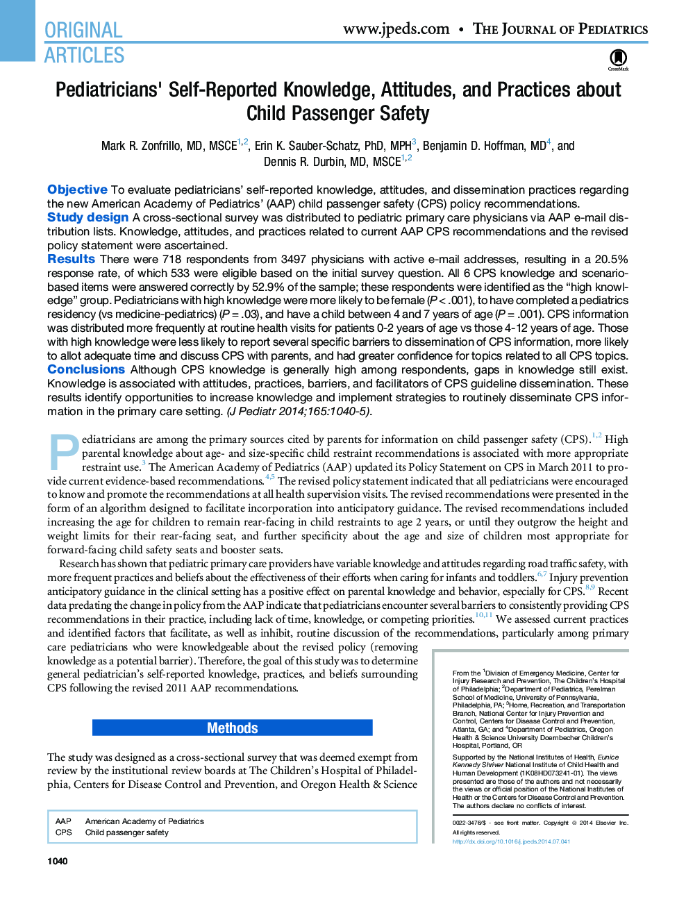 Pediatricians' Self-Reported Knowledge, Attitudes, and Practices about Child Passenger Safety