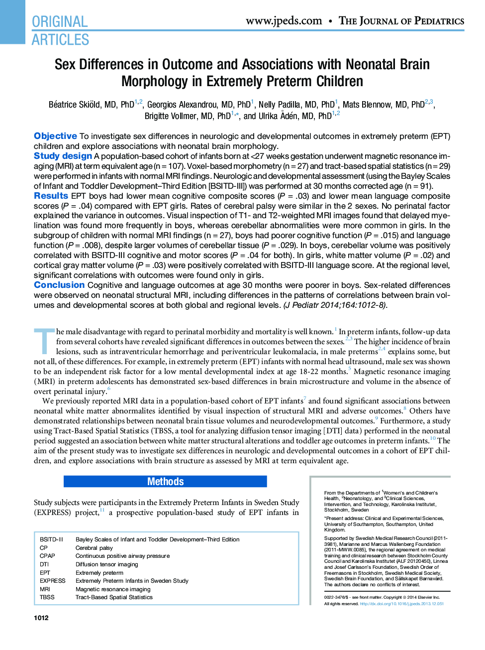 Sex Differences in Outcome and Associations with Neonatal Brain Morphology in Extremely Preterm Children