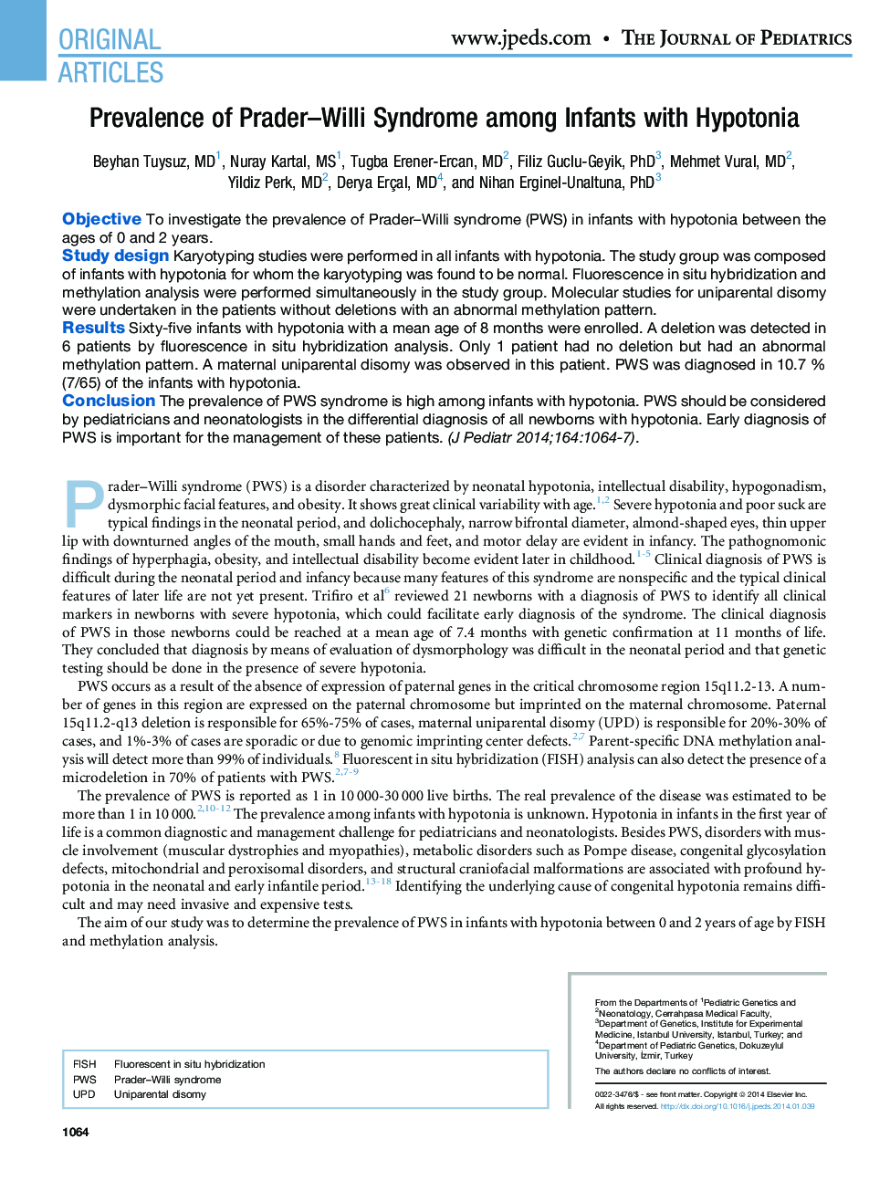 Prevalence of Prader-Willi Syndrome among Infants with Hypotonia