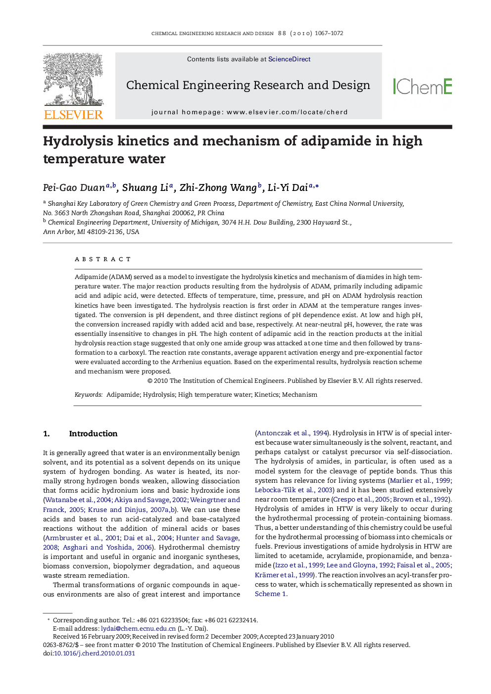 Hydrolysis kinetics and mechanism of adipamide in high temperature water