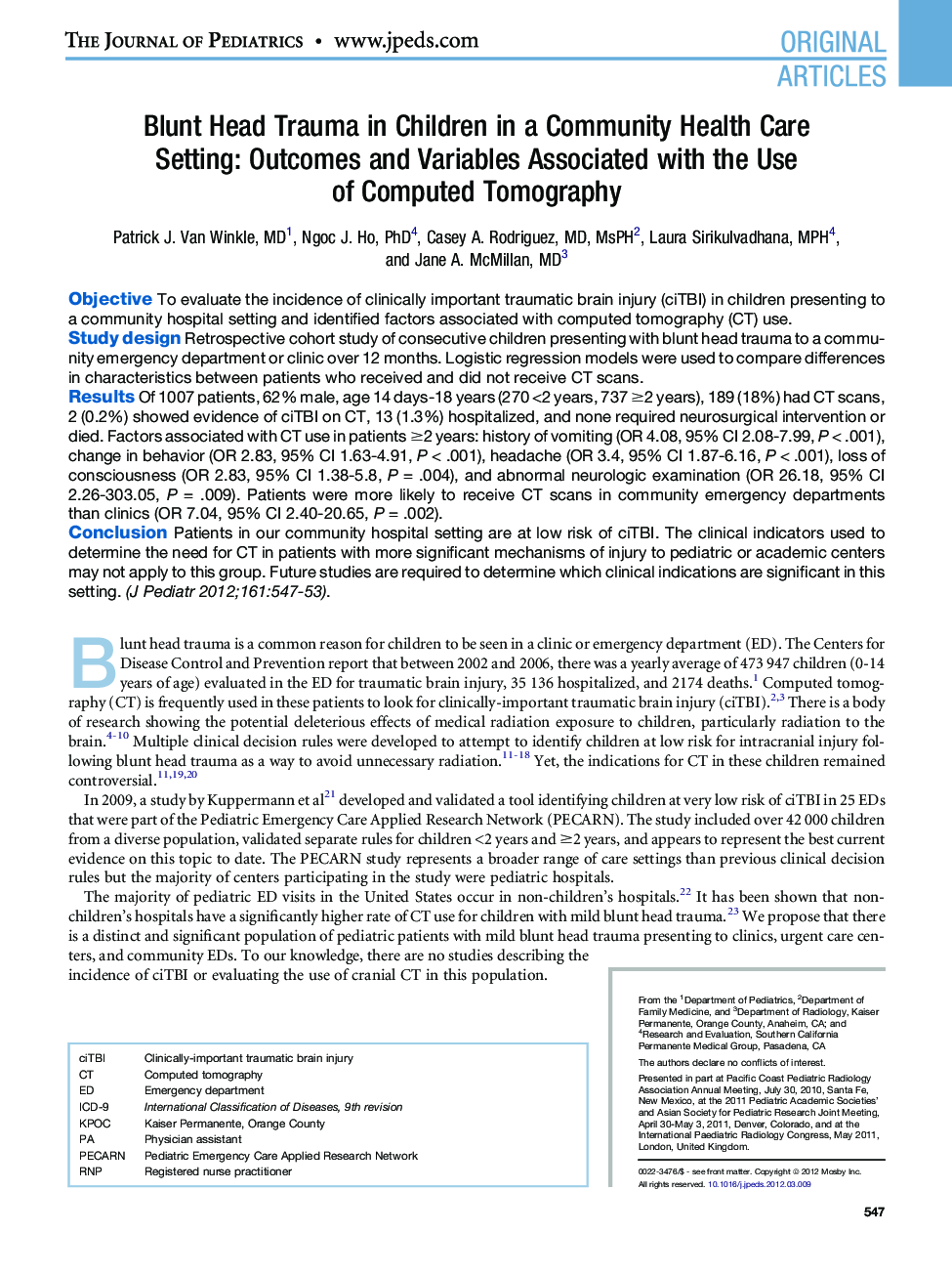 Blunt Head Trauma in Children in a Community Health Care Setting: Outcomes and Variables Associated with the Use of Computed Tomography
