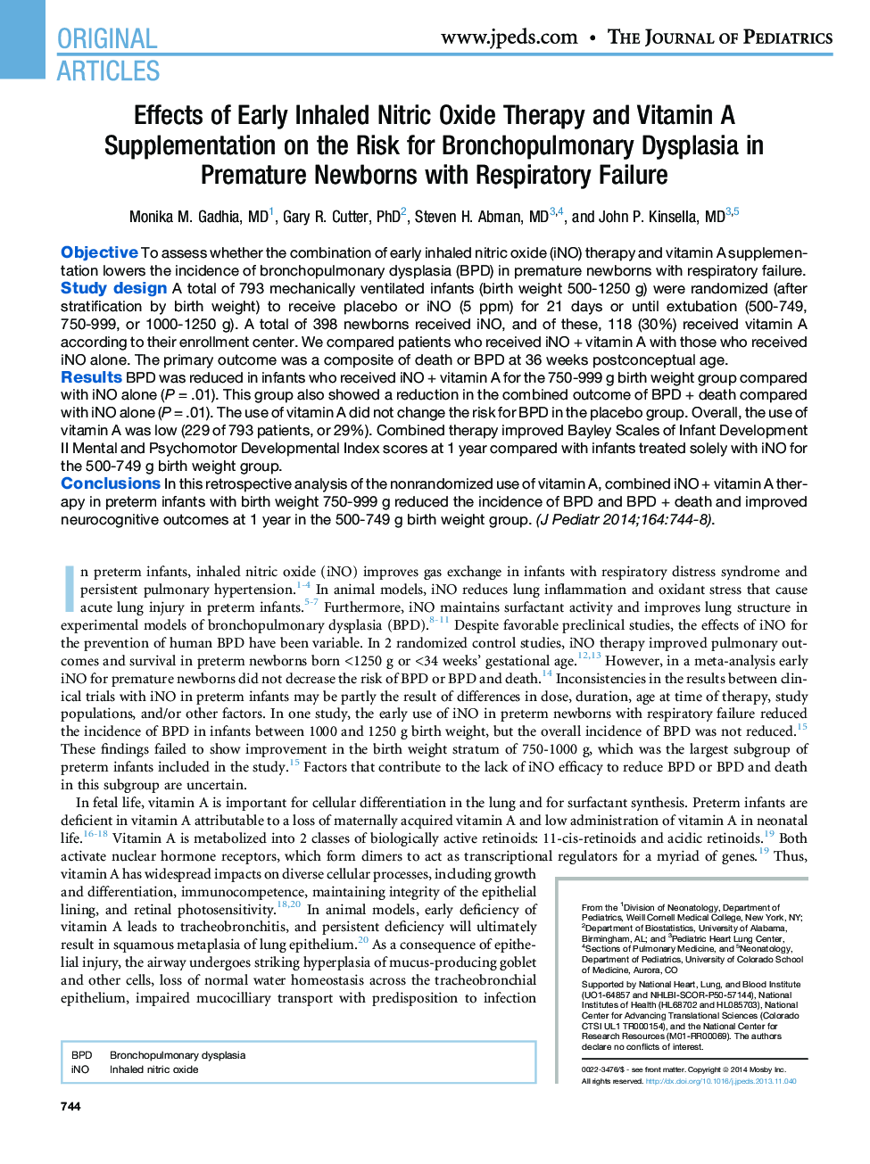 Effects of Early Inhaled Nitric Oxide Therapy and Vitamin A Supplementation on the Risk for Bronchopulmonary Dysplasia in Premature Newborns with Respiratory Failure