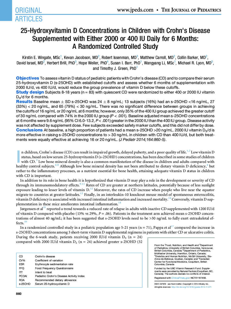 25-Hydroxyvitamin D Concentrations in Children with Crohn's Disease Supplemented with Either 2000 or 400 IU Daily for 6 Months: AÂ Randomized Controlled Study