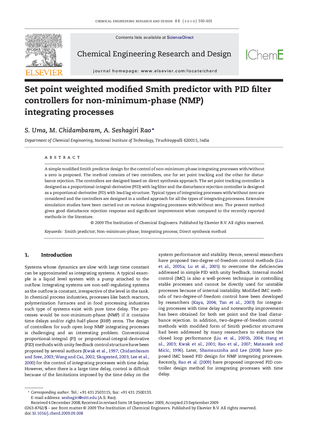 Set point weighted modified Smith predictor with PID filter controllers for non-minimum-phase (NMP) integrating processes