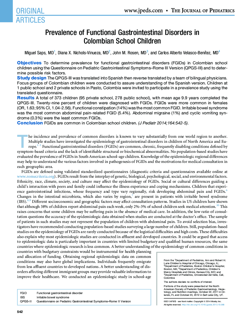 Prevalence of Functional Gastrointestinal Disorders in Colombian SchoolÂ Children