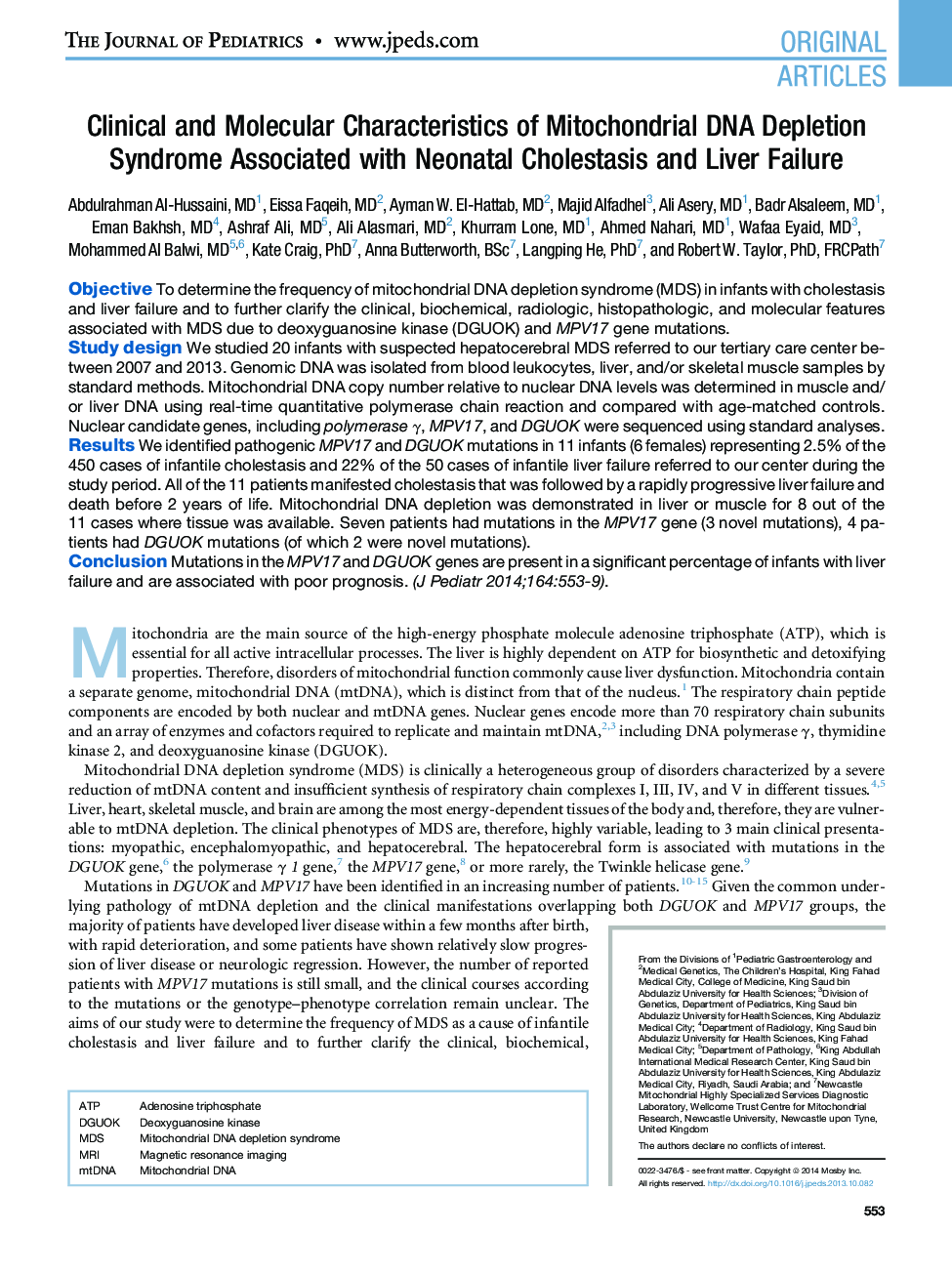 Clinical and Molecular Characteristics of Mitochondrial DNA Depletion Syndrome Associated with Neonatal Cholestasis and Liver Failure