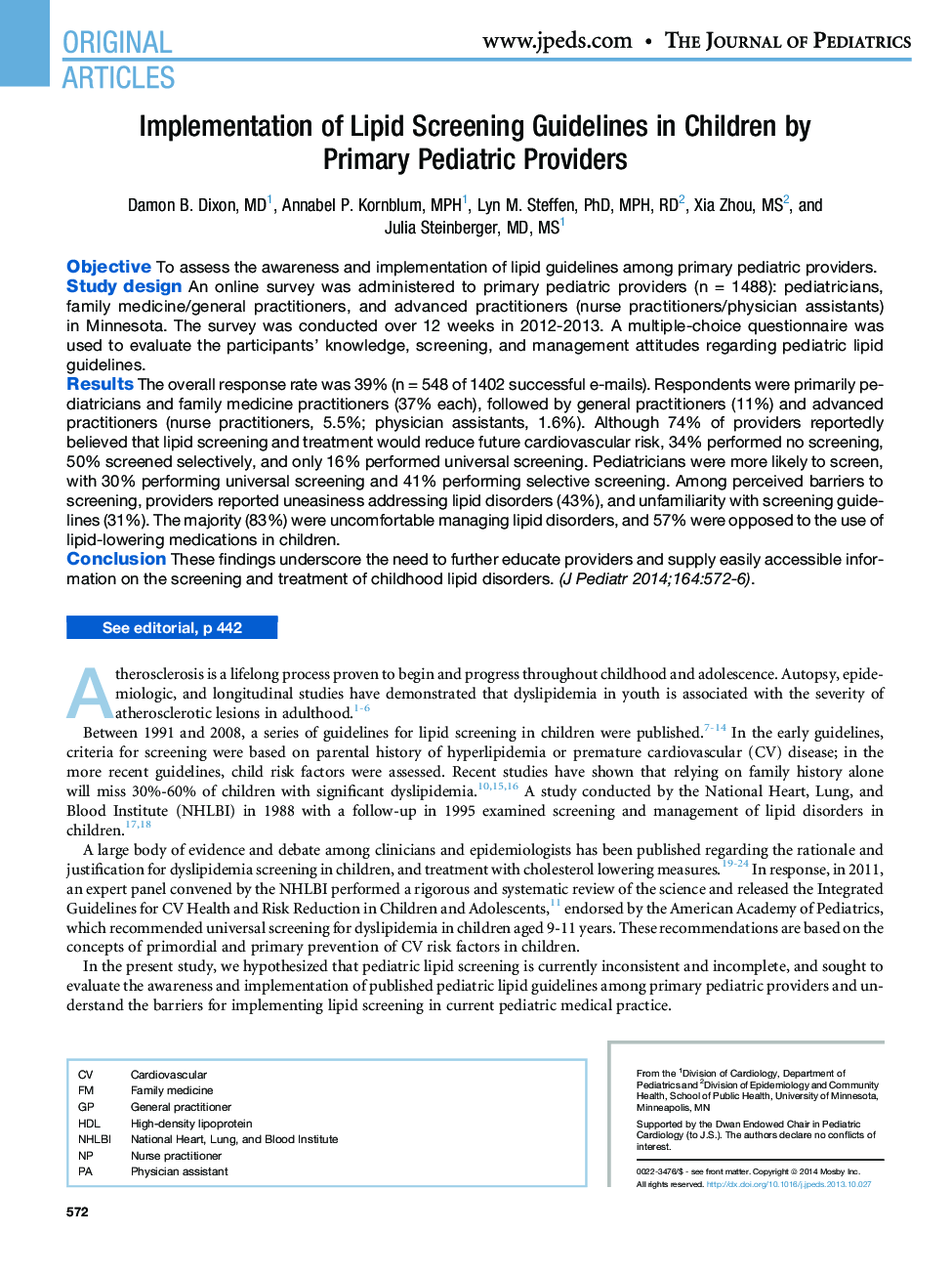 Implementation of Lipid Screening Guidelines in Children by Primary Pediatric Providers