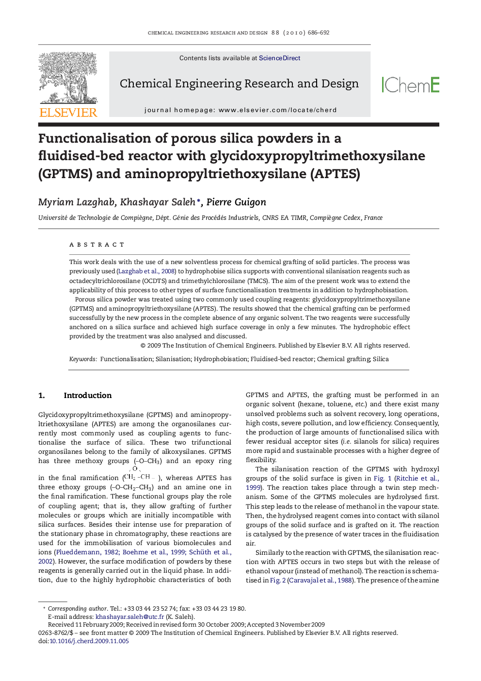 Functionalisation of porous silica powders in a fluidised-bed reactor with glycidoxypropyltrimethoxysilane (GPTMS) and aminopropyltriethoxysilane (APTES)