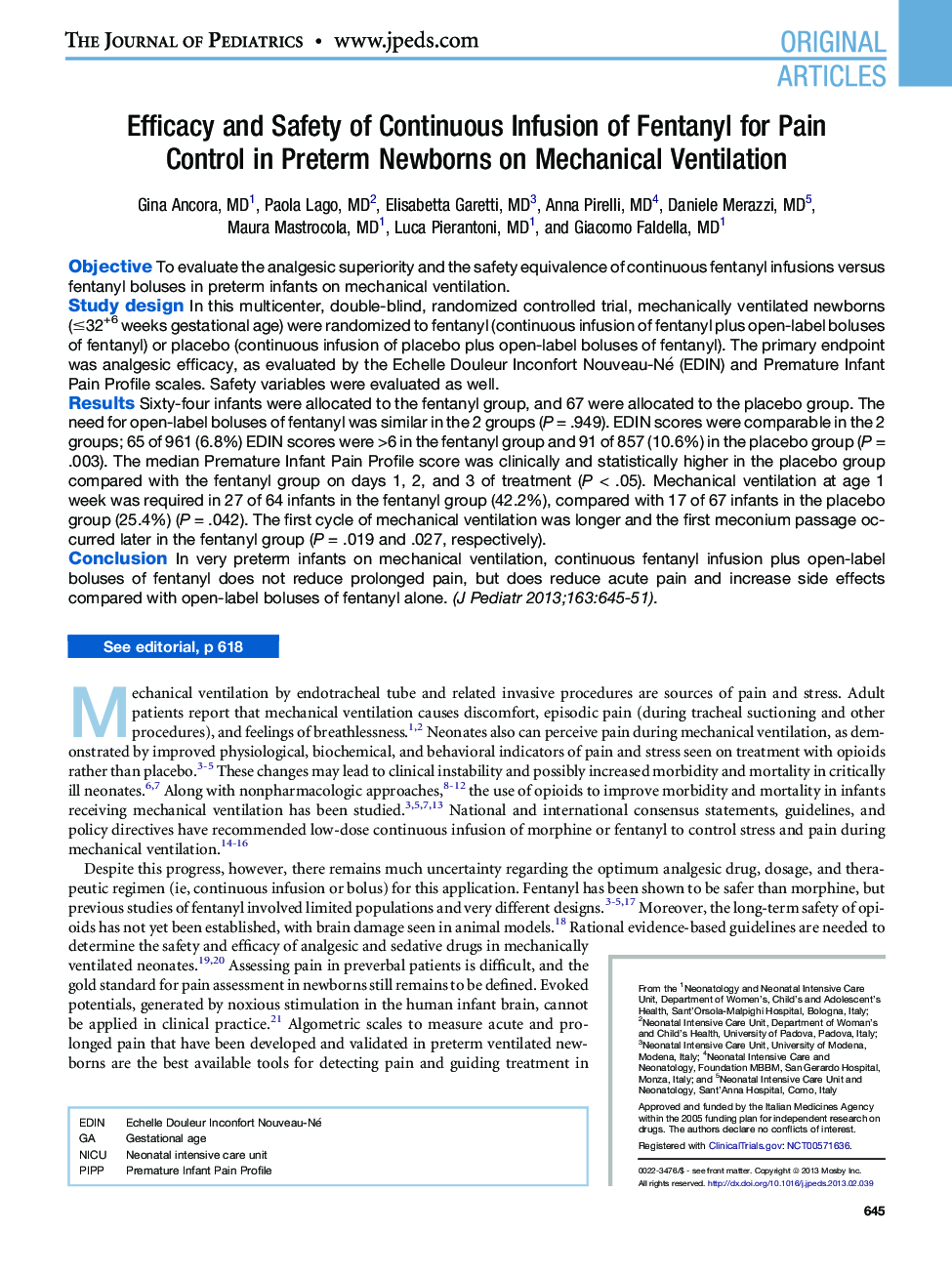 Efficacy and Safety of Continuous Infusion of Fentanyl for Pain Control in Preterm Newborns on Mechanical Ventilation