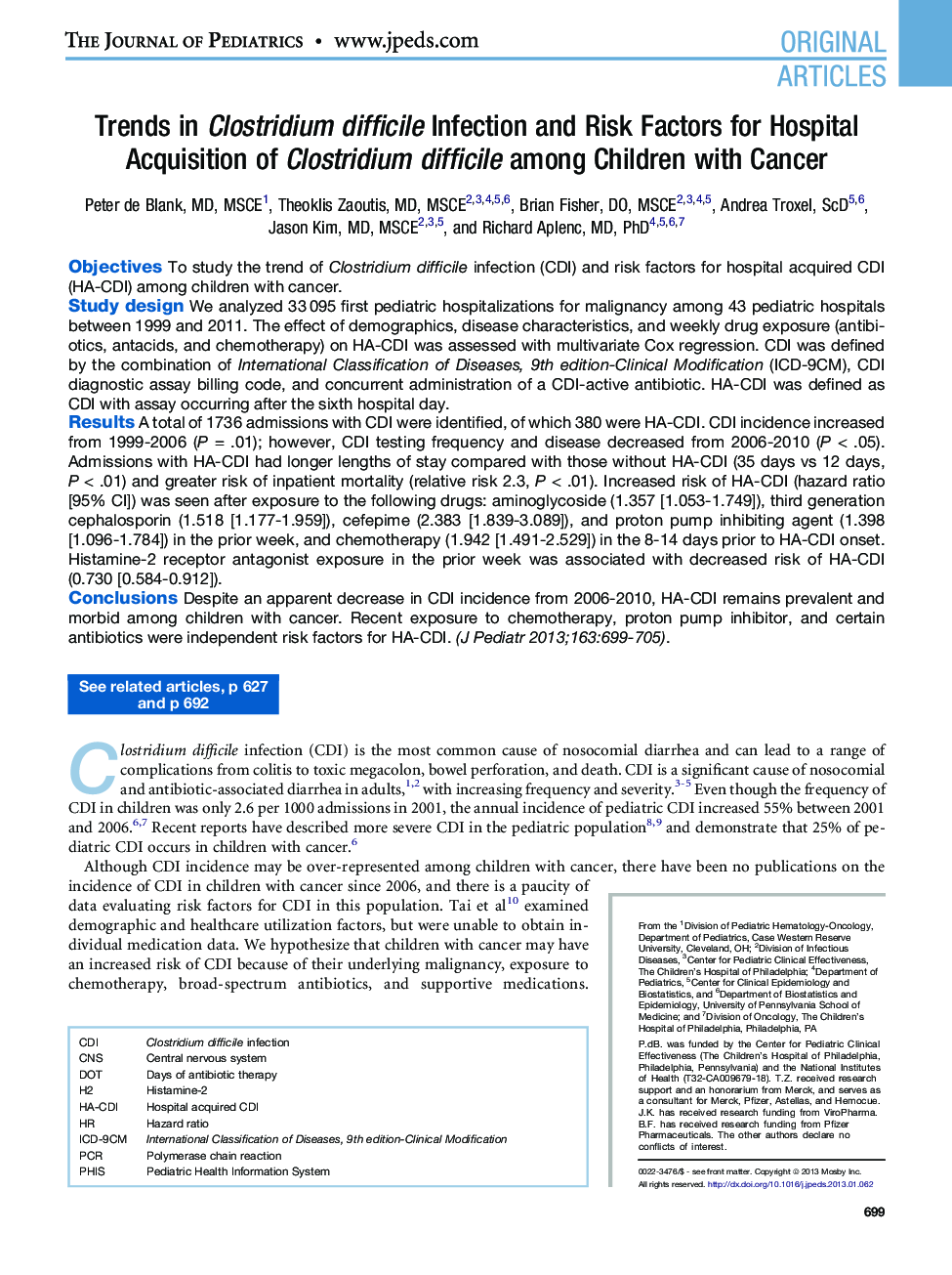 Trends in Clostridium difficile Infection and Risk Factors for Hospital Acquisition of Clostridium difficile among Children with Cancer